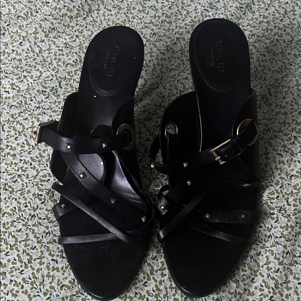 Gucci Black Leather Strappy Studded Mules